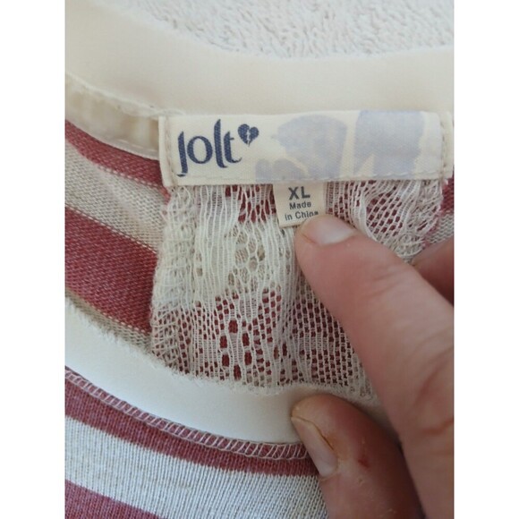 Jolt Women's Top XL Long Sleeve Beige Red Striped Lace Button Back Preppy - Picture 14 of 15